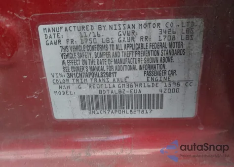 2017 Nissan Versa 1.6 Sv z USA, uszkodzony, nr VIN 3N1CN7AP0HL829817